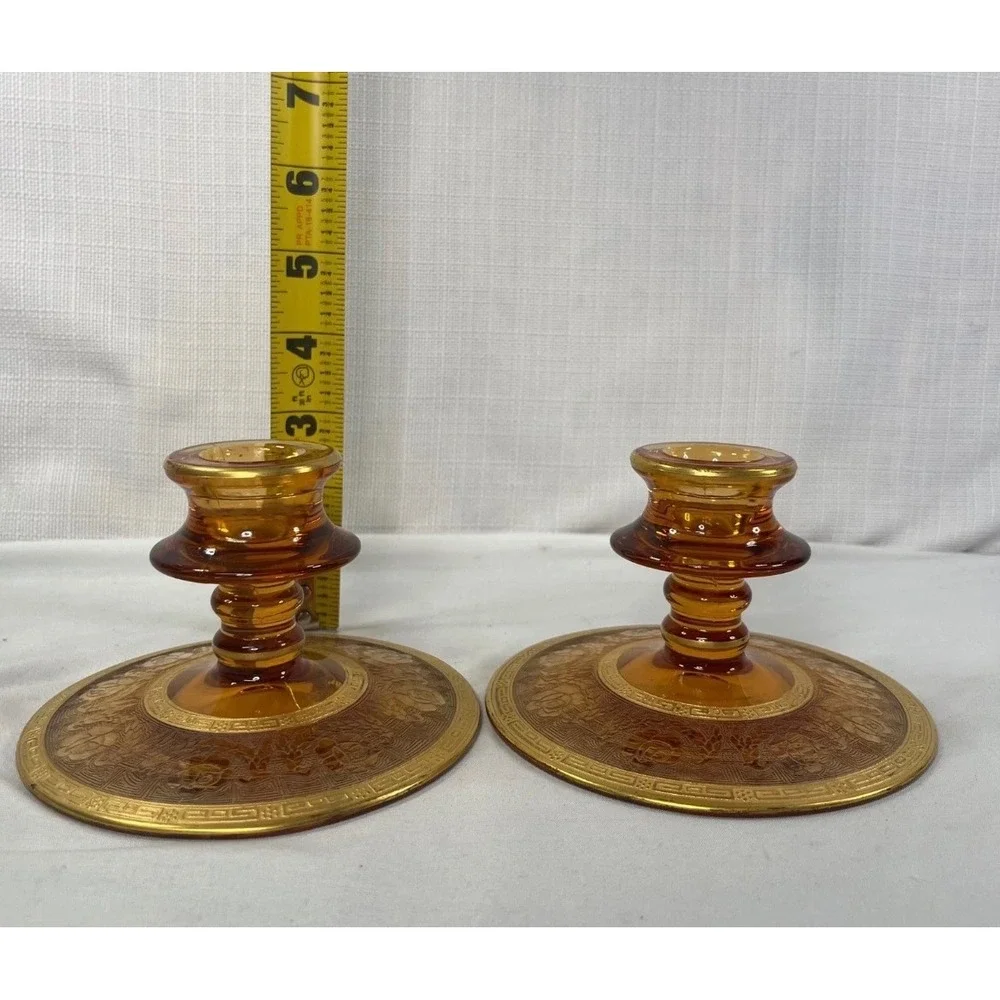 Vintage Amber Glass Candlestick Holders Pair Etched Rose Gold Greek Key 3.5